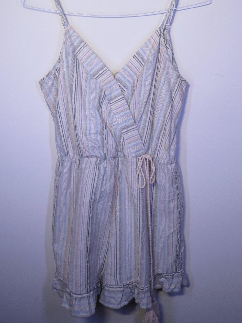 Andree by Unit Pastel Striped Wrap Romper | Tie Waist Ruffle Hem | Size S